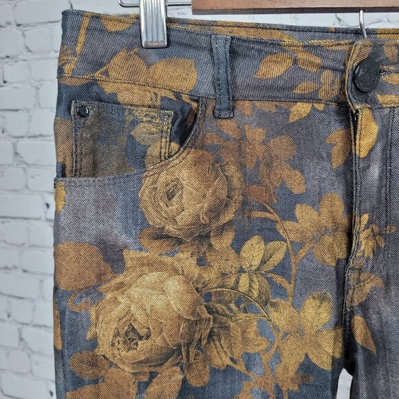 Mos Mosh Blue Gold Floral Mid Rise Zip Ankle Stretch Skinny Jeans 28 (28x28) - Picture 9 of 14